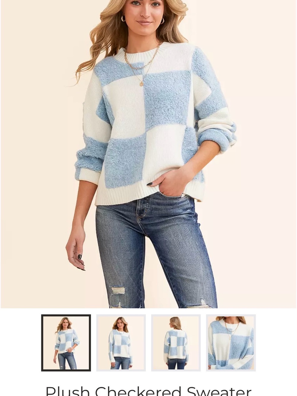 Buckle Plush Checkered Crewneck Sweater - Light Blue & White